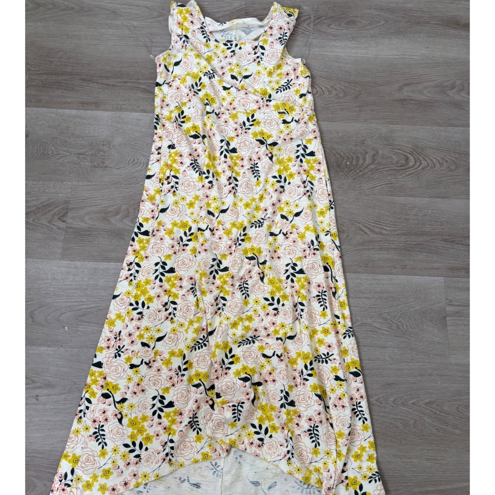 Duluth Trading Co Floral Maxi Dress Womens Small Yellow Pink Ribbed High Low Hem